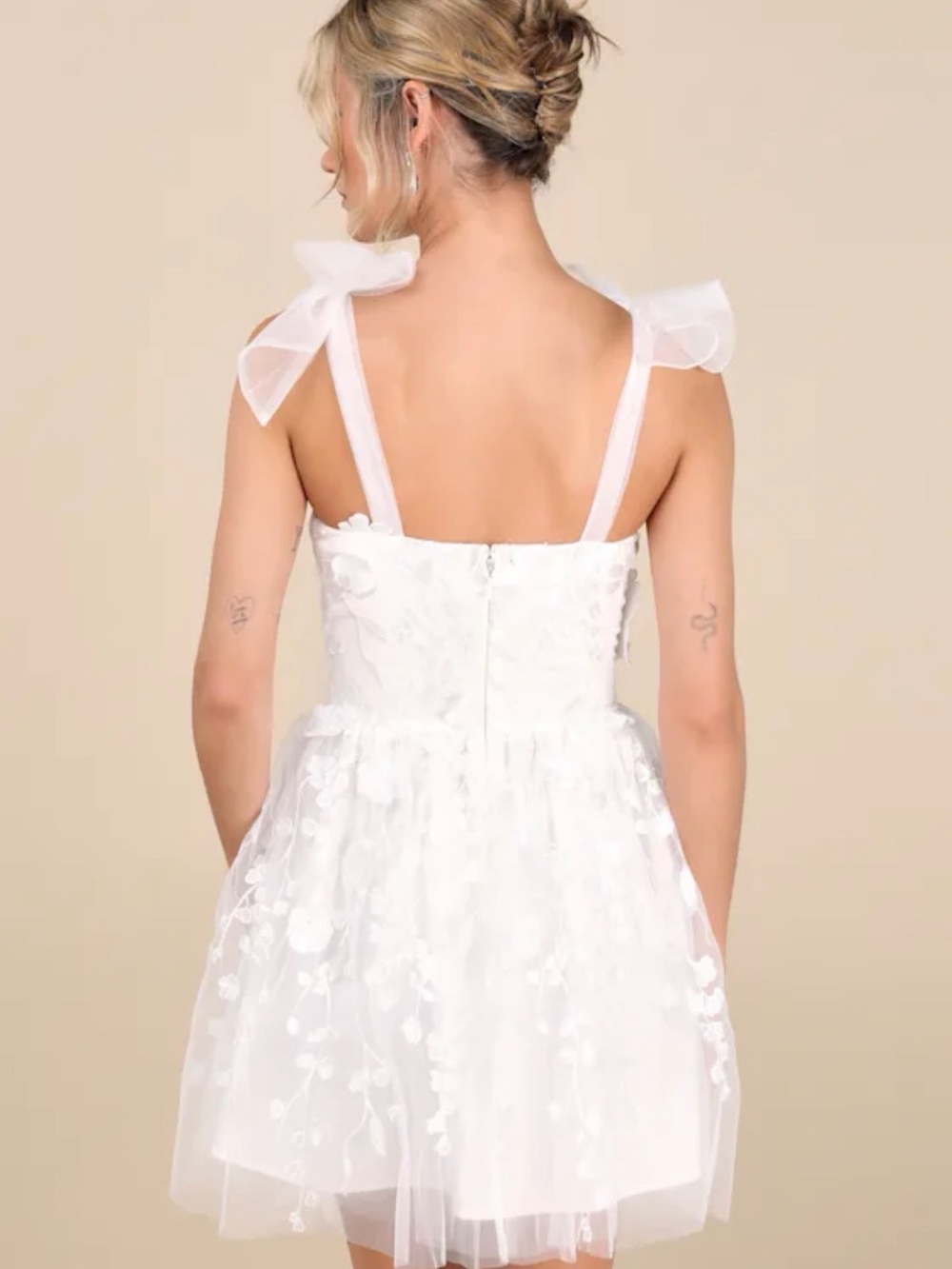 Lulu's White Floral Organza Mini Dress with Bow Straps